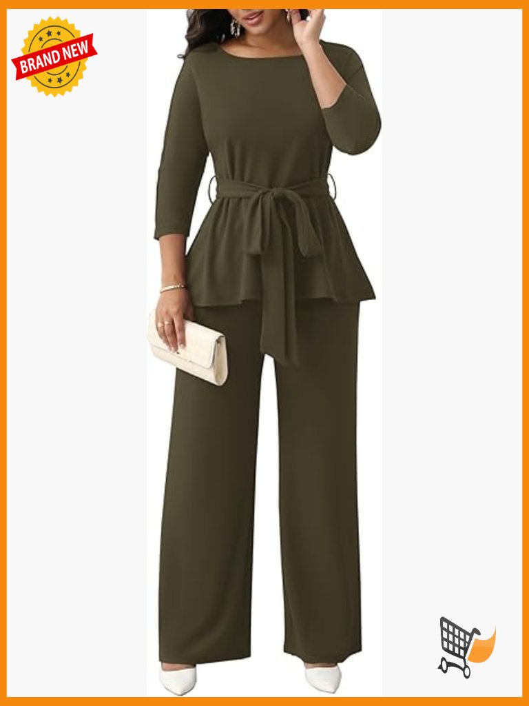 Women's 2 Piece Outfit Set 3/4 Sleeve Peplum Top Flared Pants
